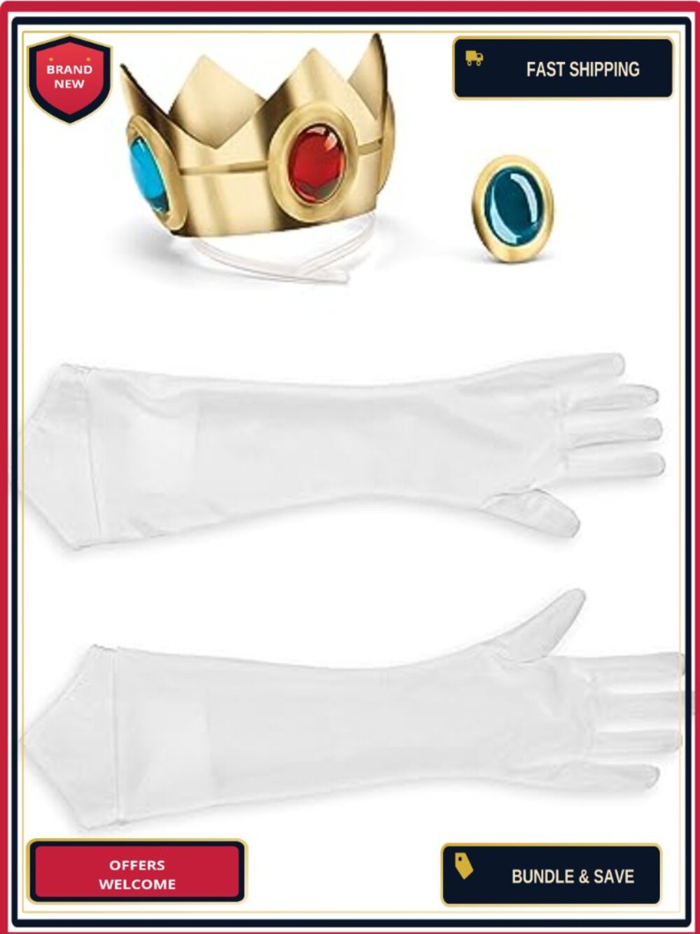 Princess Peach Adult Costume Accessory Kit Gloves Crown Amulet Licensed
